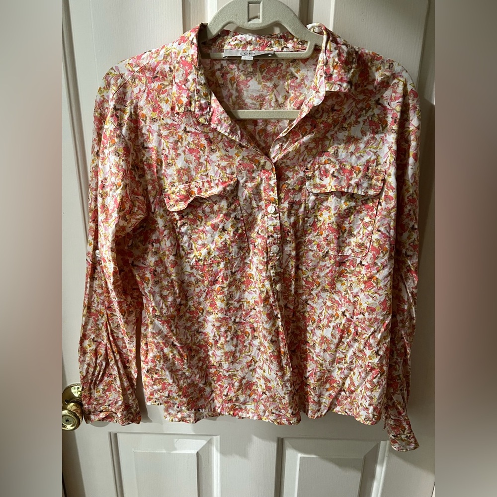 Loft 100% Cotton Floral Button-Up Blouse Long Sleeve Medium Petite